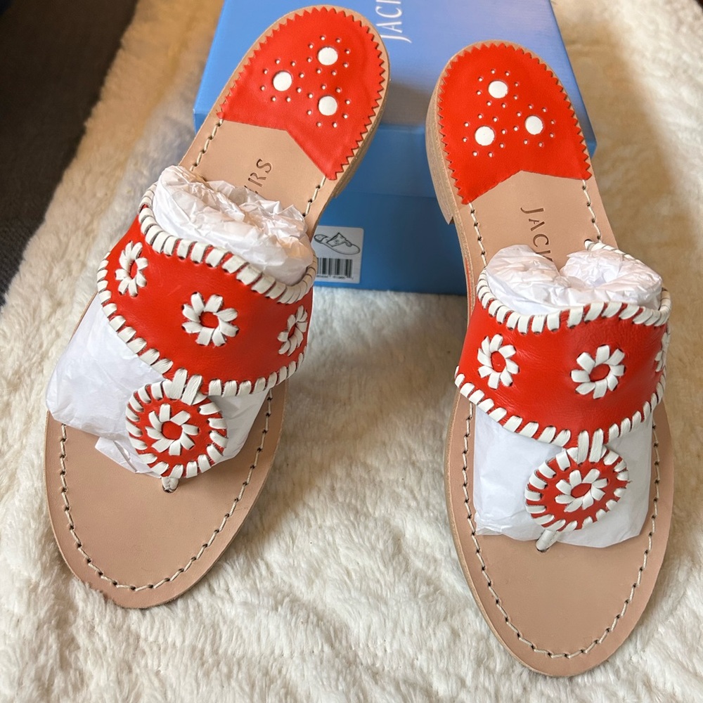 Jack Rogers Fire Red & White Leather Flat Thong Sandals Size 7 - Picture 5 of 7